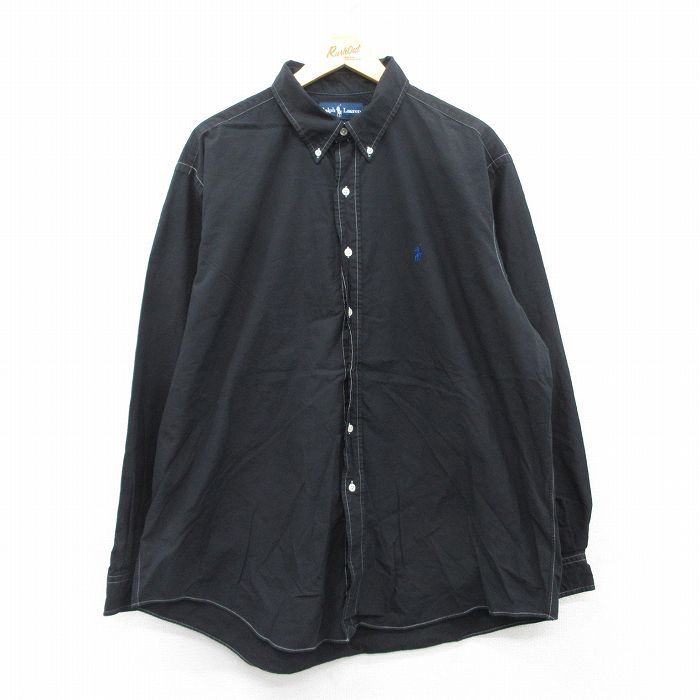 【50%OFF】XL★古着 ラルフローレン Ralph Lauren 長袖 ブランド シャツ メンズ 90年代 90s ワンポイントロゴ 大きいサイズ ロング丈 コットン ボタンダウン 黒 ブラック 25jul08 中古 トップス