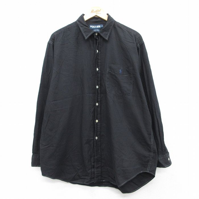 XL★古着 ラルフローレン Ralph Lauren ポロゴルフ 長袖 ブランド シャツ メンズ 90年代 90s ワンポイントロゴ LOFTING 千鳥格子 大きいサイズ ロング丈 コットン 黒 ブラック 25jul08 中古 トップス