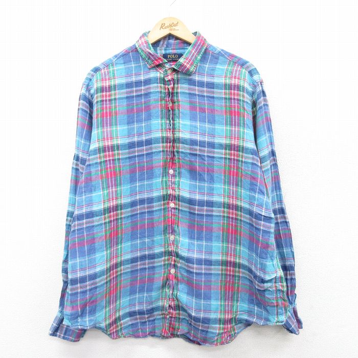XL★古着 ラルフローレン Ralph Lauren 長袖 ブランド シャツ メンズ 大きいサイズ リネン 水色他 チェック 25jul08 中古 トップス