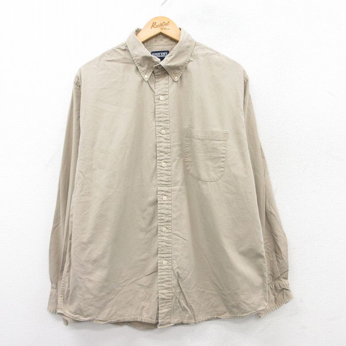 XL★古着 ランズエンド 長袖 ブランド シャツ メンズ 00年代 00s 大きいサイズ コットン ボタンダウン ベージュ カーキ 25jul08 中古 トップス