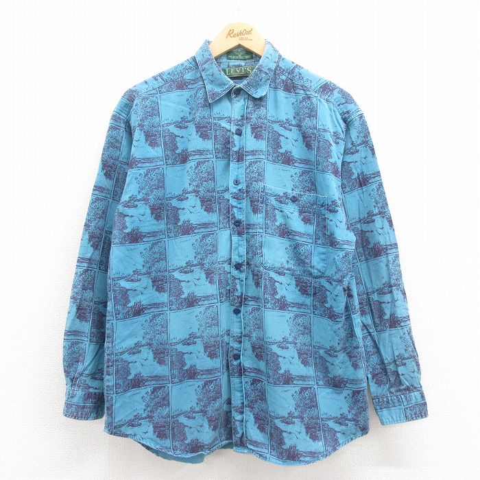 L★古着 リーバイス Levis 長袖 ブランド シャツ メンズ 90年代 90s 鳥 木 コットン 青 ブルー 25jul29 中古 トップス