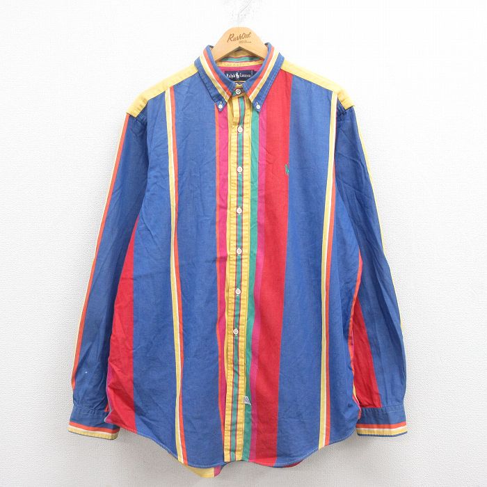 【50%OFF】XL★古着 ラルフローレン Ralph Lauren 長袖 ブランド シャツ メンズ 90年代 90s ワンポイントロゴ 大きいサイズ マルチカラー コットン ボタンダウン 紺他 ネイビー 【spe】 25jul29 中古 トップス