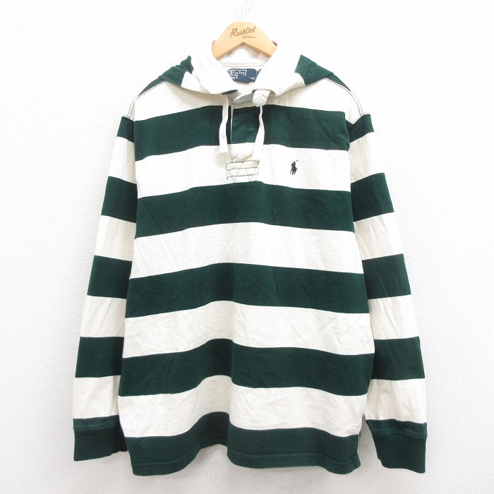 XL★古着 ラルフローレン Ralph Lauren 長袖 ブランド ラガー シャツ パーカー メンズ 90年代 90s ワンポイントロゴ 大きいサイズ コットン 緑 グリーン ボーダー 25jul29 中古 トップス