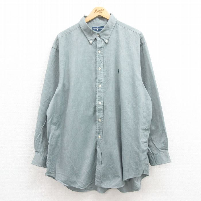 【50%OFF】XL★古着 ラルフローレン Ralph Lauren 長袖 ブランド 90年代 90s ワンポイントロゴ 大きいサイズ YARMOUTH ヘリンボーン コットン ボタンダウン 緑系 グリーン 25jul29 中古 メンズ トップス