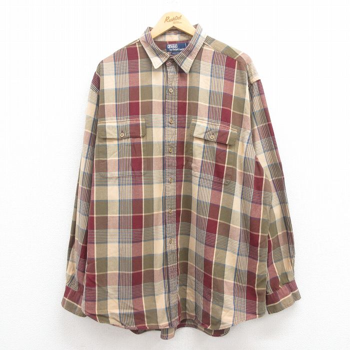 XL★古着 ラルフローレン Ralph Lauren 長袖 ブランド シャツ メンズ 90年代 90s 大きいサイズ コットン エンジ チェック 25jul29 中古 トップス