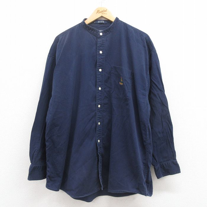 XL★古着 ラルフローレン Ralph Lauren チャップス 長袖 ブランド シャツ メンズ 90年代 90s ワンポイントロゴ 大きいサイズ コットン ノーカラー 紺 ネイビー 25jul29 中古 トップス