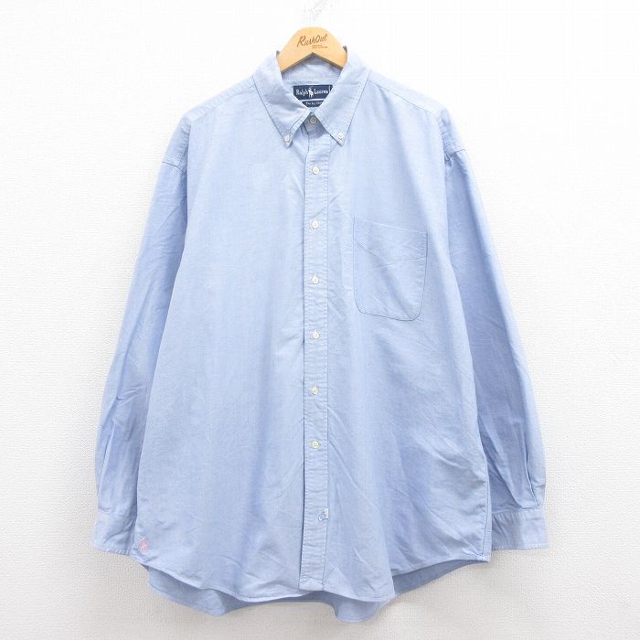 XL★古着 ラルフローレン Ralph Lauren 長袖 ブランド シャツ メンズ 90年代 90s ワンポイントロゴ BIG SHIRT 裾ロゴ 大きいサイズ ロング丈 コットン ボタンダウン 薄紺 ネイビー 【spe】 25jul29 中古 トップス