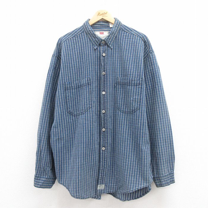 XL★古着 リーバイス Levis 長袖 ブランド シャツ メンズ 00年代 00s 大きいサイズ コットン 紺他 ネイビー ストライプ 【spe】 25jul29 中古 トップス