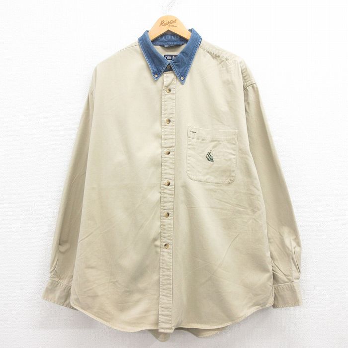 XL★古着 ノーティカ NAUTICA 長袖 ブランド シャツ メンズ 90年代 90s ワンポイントロゴ 大きいサイズ ロング丈 コットン ボタンダウン USA製 ベージュ他 カーキ 25jul30 中古 トップス