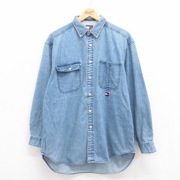 【50%OFF】XL★古着 トミーヒルフィガー TOMMY HILFIGER トミージーンズ 長袖 ブランド シャツ メンズ 90年代 90s ワンポイントロゴ コットン 紺 ネイビー デニム 25jul30 中古 トップス