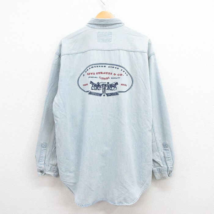 XL★古着 リーバイス Levis 長袖 ブランド シャツ メンズ 00年代 00s ビッグロゴ 刺繍 薄紺 ネイビー デニム 25jul30 中古 トップス