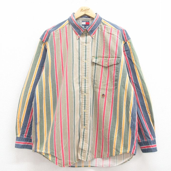 【50%OFF】XL★古着 トミーヒルフィガー TOMMY HILFIGER 長袖 ブランド シャツ メンズ 90年代 90s ワンポイントロゴ マルチカラー コットン ボタンダウン ベージュ他 カーキ ストライプ 25aug02 中古 トップス