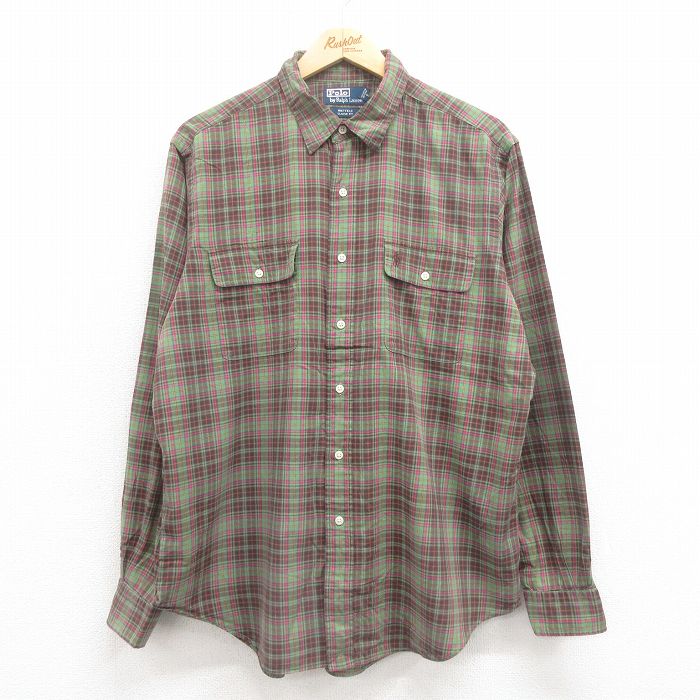 XL★古着 ラルフローレン Ralph Lauren 長袖 ブランド シャツ メンズ 90年代 90s ワンポイントロゴ コットン ボタンダウン 緑他 グリーン チェック 25aug02 中古 トップス