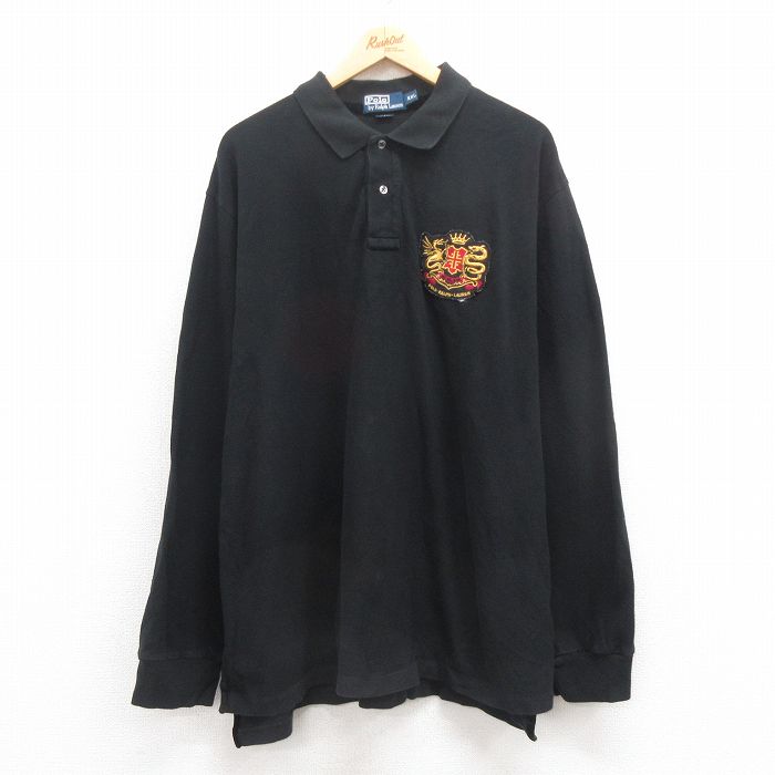 XL★古着 ラルフローレン Ralph Lauren 長袖 ブランド ポロ シャツ メンズ 90年代 90s 鹿の子 大きいサイズ コットン 黒 ブラック 25aug09 中古 トップス