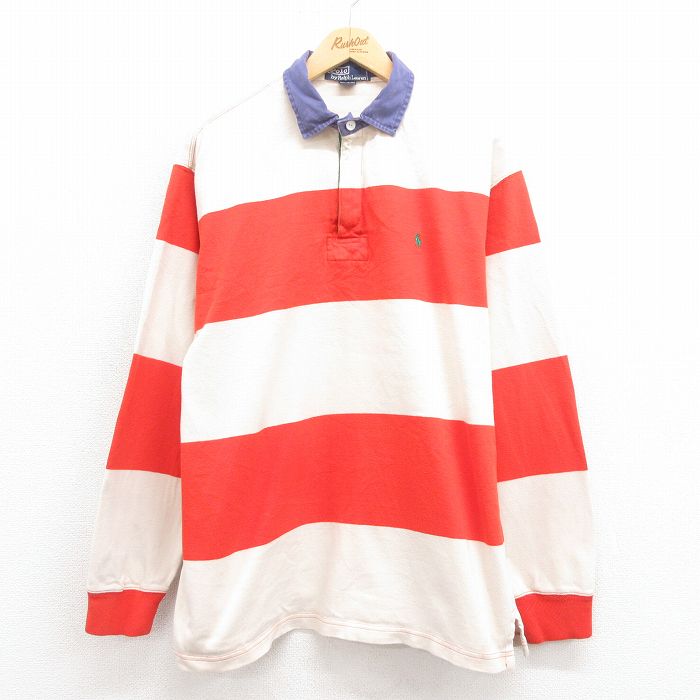 XL★古着 ラルフローレン Ralph Lauren 長袖 ブランド ラガー シャツ メンズ 90年代 90s ワンポイントロゴ 大きいサイズ コットン オレンジ ボーダー 25aug09 中古 トップス