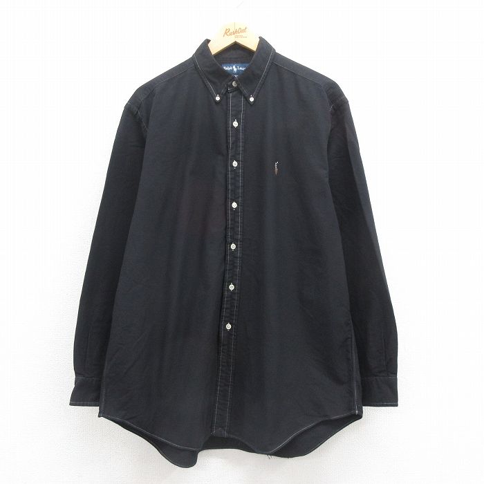 【50%OFF】XL★古着 ラルフローレン Ralph Lauren 長袖 ブランド シャツ メンズ 90年代 90s ワンポイントロゴ YARMOUTH オックスフォード コットン ボタンダウン 黒 ブラック 25aug09 中古 トップス