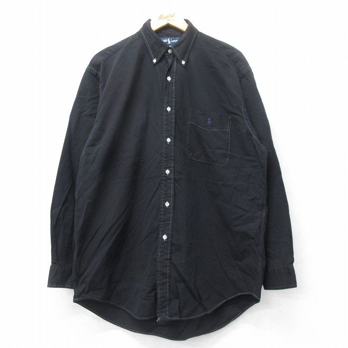 XL★古着 ラルフローレン Ralph Lauren 長袖 ブランド シャツ メンズ 90年代 90s ワンポイントロゴ BIG SHIRT 大きいサイズ ロング丈 コットン ボタンダウン 黒 ブラック 【spe】 25aug12 中古 トップス