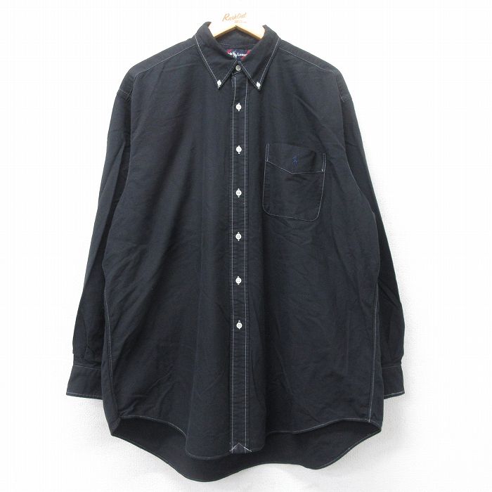 XL★古着 ラルフローレン Ralph Lauren 長袖 ブランド シャツ メンズ 90年代 90s ワンポイントロゴ BIG SHIRT 大きいサイズ ロング丈 コットン ボタンダウン 黒 ブラック 25aug12 中古 トップス