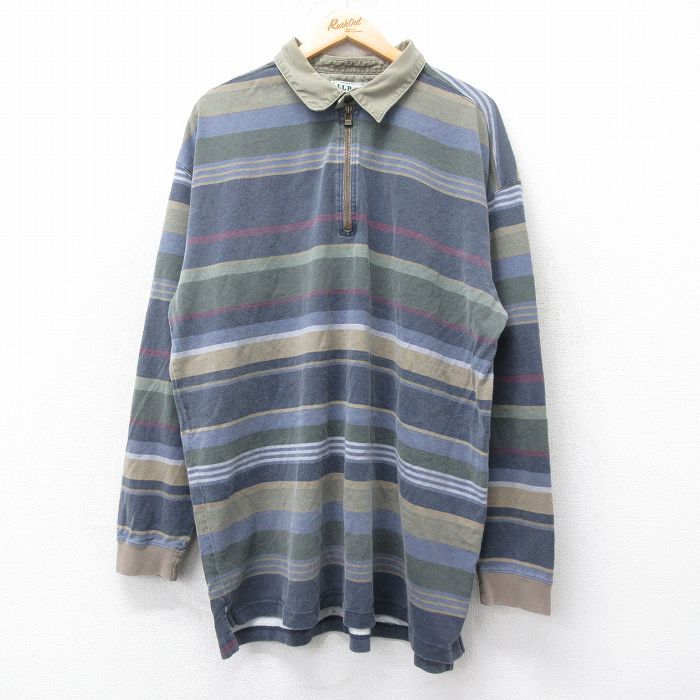 【50%OFF】XL★古着 エルエルビーン LLBEAN 長袖 ブランド ハーフジップ トップス ロング丈 コットン 紺他 ネイビー ボーダー 【spe】 25aug12 中古 メンズ