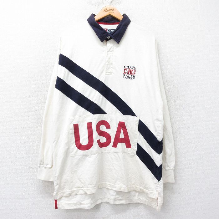 【50%OFF】L★古着 ラルフローレン Ralph Lauren チャップス 長袖 ブランド ラガー シャツ メンズ 90年代 90s ワンポイントロゴ USAロゴ ロング丈 コットン 白他 ホワイト 25aug12 中古 トップス