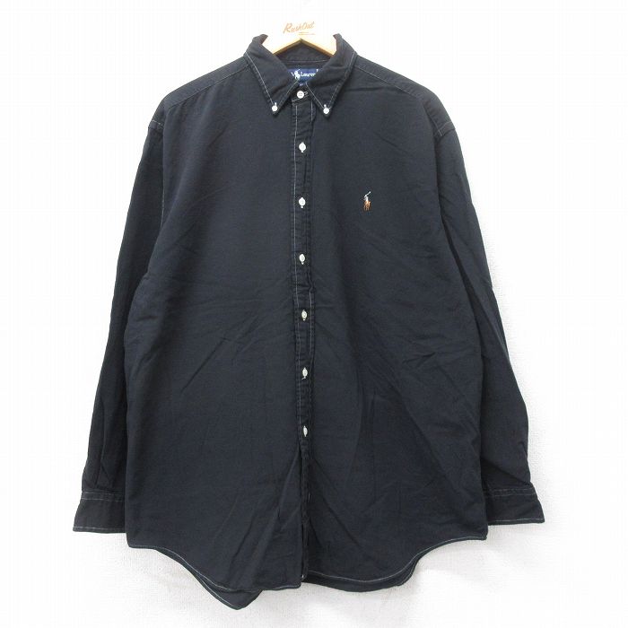 【50%OFF】XL★古着 ラルフローレン Ralph Lauren 長袖 ブランド シャツ メンズ 90年代 90s ワンポイントロゴ 大きいサイズ ロング丈 コットン ボタンダウン 黒 ブラック 25aug12 中古 トップス