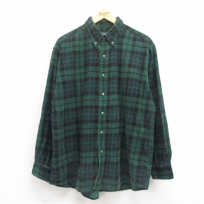 XL★古着 ランズエンド 長袖 ブランド シャツ メンズ 00年代 00s 大きいサイズ コーデュロイ コットン ボタンダウン 緑他 グリーン チェック 25aug18 中古 トップス
