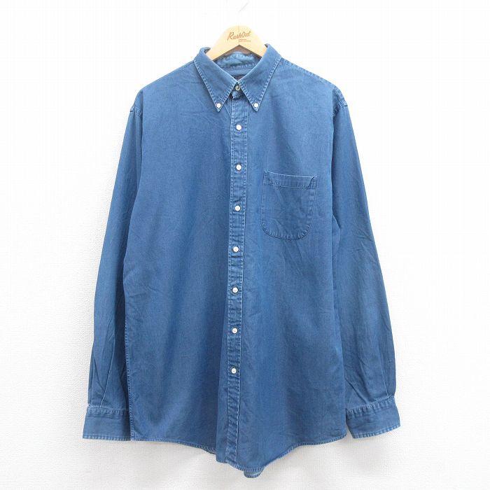 XL★古着 ランズエンド 長袖 ブランド シャツ メンズ 大きいサイズ ロング丈 コットン ボタンダウン 紺 ネイビー デニム 25aug18 中古 トップス