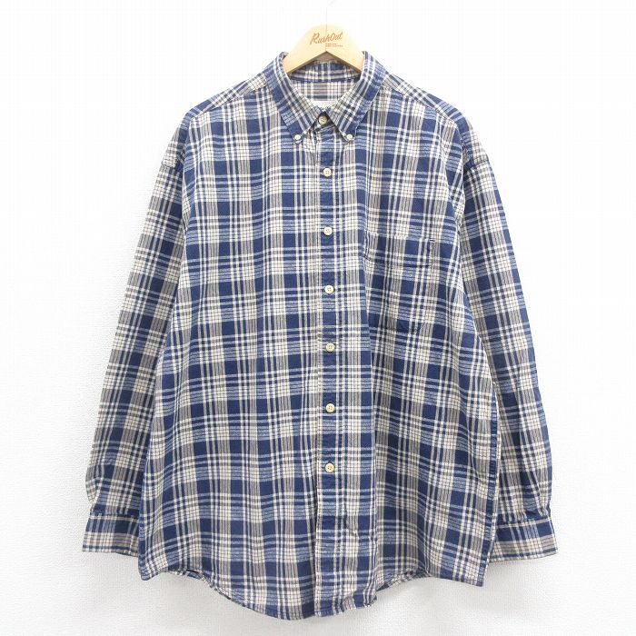 【50%OFF】XL★古着 エディーバウアー 長袖 ブランド シャツ メンズ 00年代 00s 大きいサイズ ロング丈 コットン ボタンダウン 紺他 ネイビー チェック 25aug18 中古 トップス