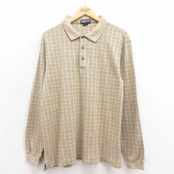 L★古着 ランズエンド 長袖 ブランド ポロ シャツ メンズ コットン ベージュ他 カーキ チェック 25aug18 中古 トップス