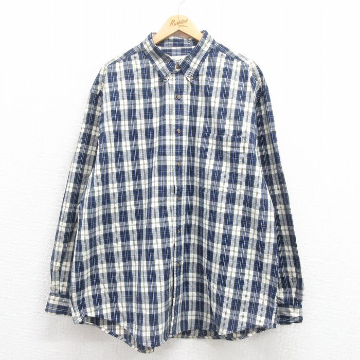 XL★古着 エディーバウアー 長袖 ブランド シャツ メンズ 00年代 00s 大きいサイズ コットン ボタンダウン 紺他 ネイビー チェック 25aug18 中古 トップス