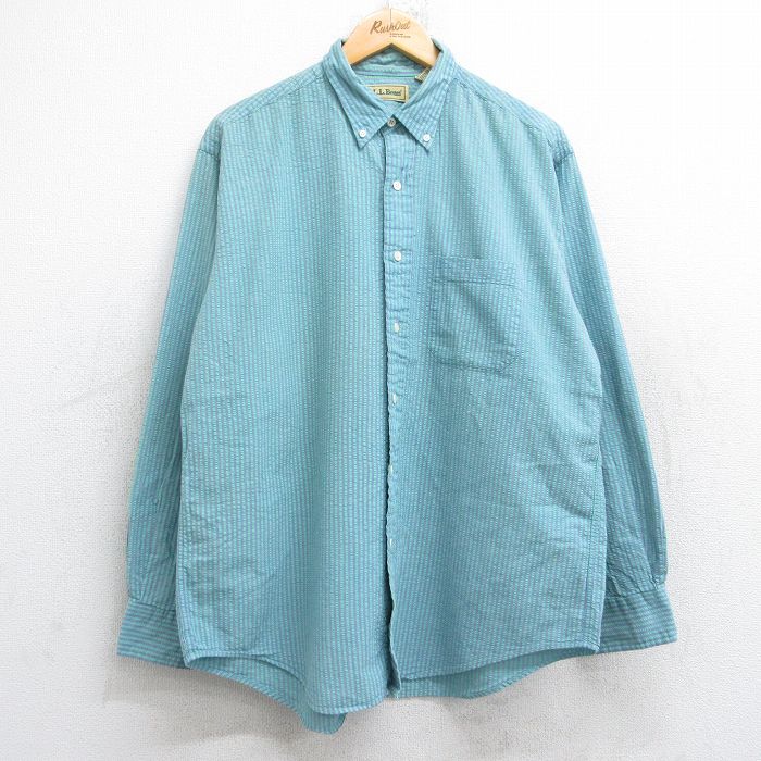 【20%OFF】XL★古着 エルエルビーン LLBEAN 長袖 ブランド シャツ メンズ 90年代 90s シアサッカー コットン 緑他 グリーン ストライプ 25aug18 中古 トップス