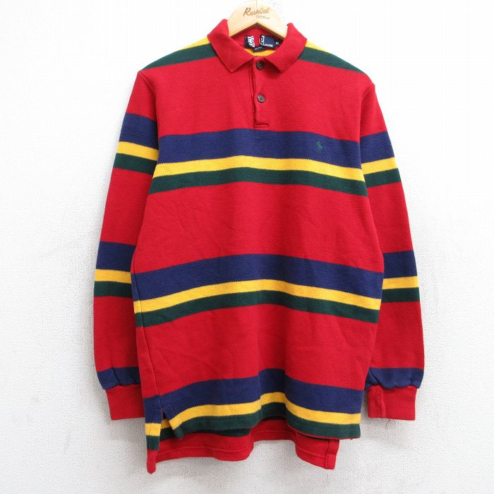 M★古着 ラルフローレン Ralph Lauren 長袖 ブランド ポロ シャツ メンズ 90年代 90s ワンポイントロゴ 鹿の子 コットン USA製 赤他 レッド ボーダー 【spe】 25aug18 中古 トップス