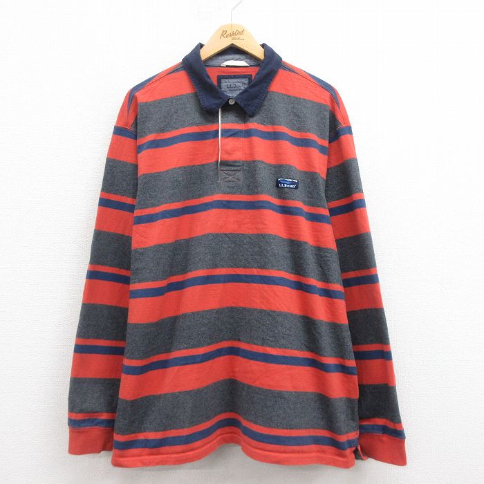 XL★古着 エルエルビーン LLBEAN 長袖 ブランド ラガー シャツ メンズ 大きいサイズ コットン オレンジ ボーダー 25aug18 中古 トップス