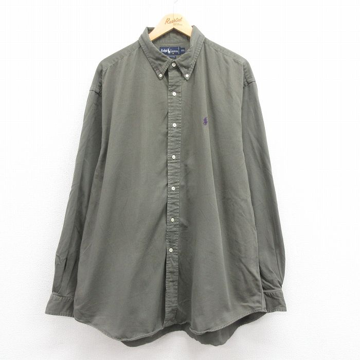 【50%OFF】XL★古着 ラルフローレン Ralph Lauren 長袖 ブランド シャツ メンズ 90年代 90s ワンポイントロゴ 大きいサイズ ロング丈 コットン ボタンダウン 緑 グリーン 25aug18 中古 トップス