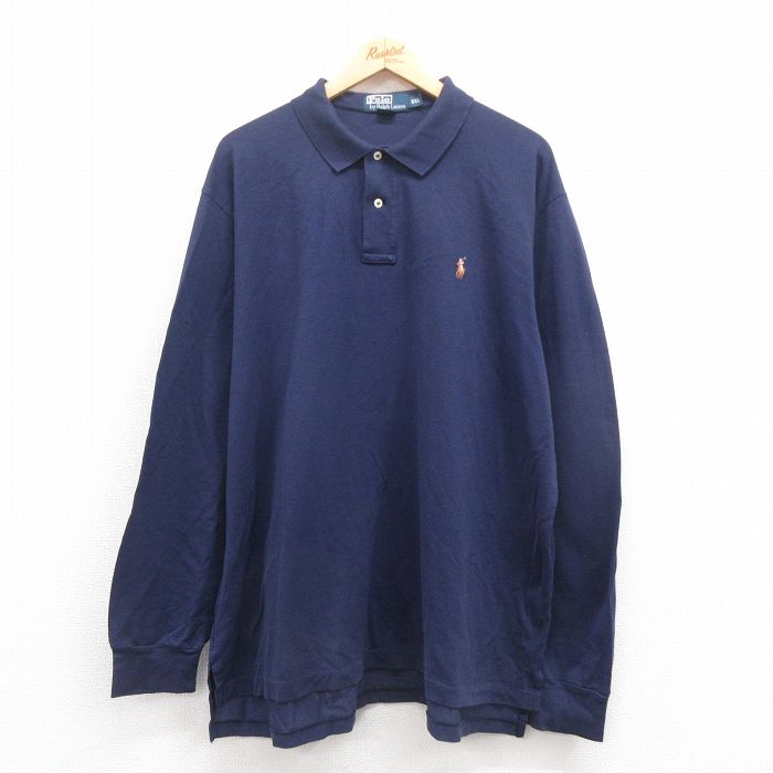 XL★古着 ラルフローレン Ralph Lauren 長袖 ブランド ポロ シャツ メンズ 90年代 90s ワンポイントロゴ 鹿の子 コットン 紺 ネイビー 25aug18 中古 トップス