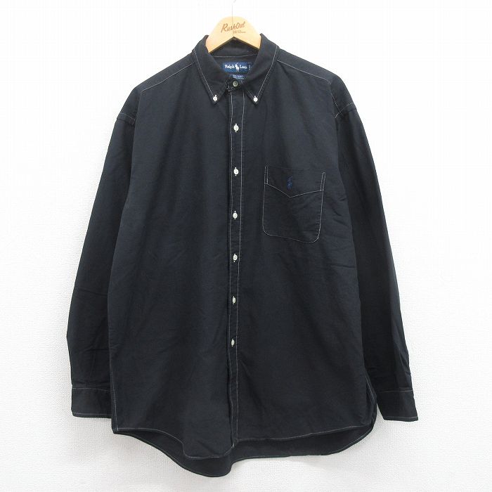 【50%OFF】XL★古着 ラルフローレン Ralph Lauren 長袖 ブランド シャツ メンズ 90年代 90s ワンポイントロゴ BIG SHIRT 大きいサイズ コットン ボタンダウン 黒 ブラック 【spe】 25aug18 中古 トップス