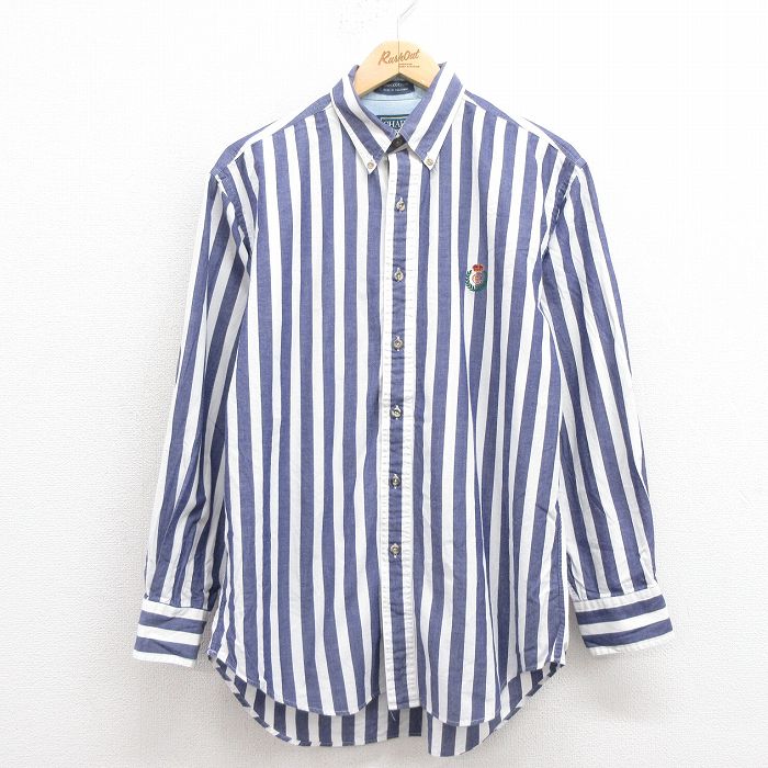 【20%OFF】L★古着 ラルフローレン Ralph Lauren チャップス 長袖 ブランド シャツ メンズ 80年代 80s ワンポイントロゴ コットン ボタンダウン 紺 ネイビー ストライプ 25aug19 中古 トップス