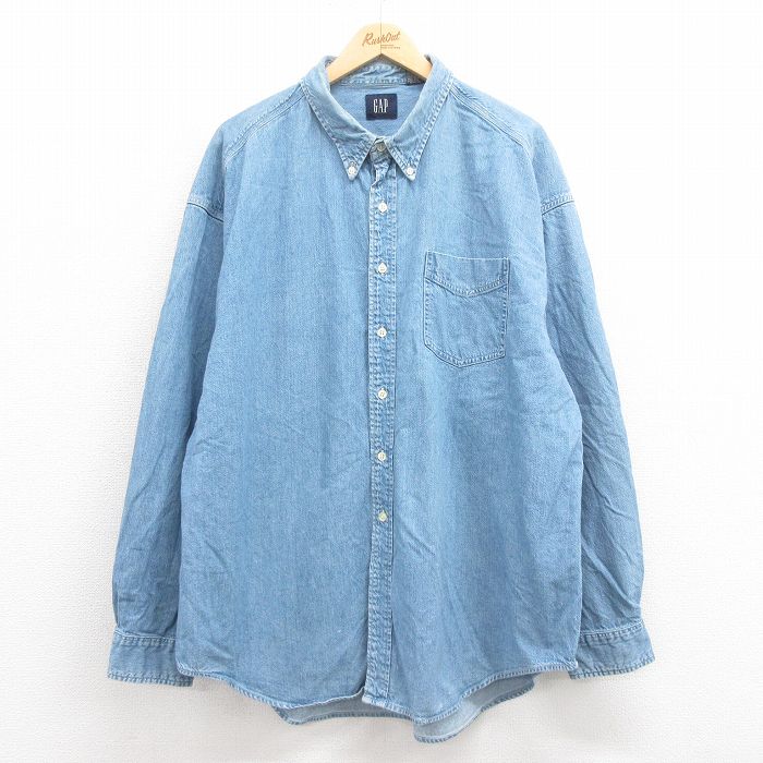XL★古着ギャップ GAP 長袖 ブランド シャツ メンズ 00年代 00s 大きいサイズ ロング丈 コットン ボタンダウン 紺 ネイビー デニム 【spe】 25aug19 中古 トップス