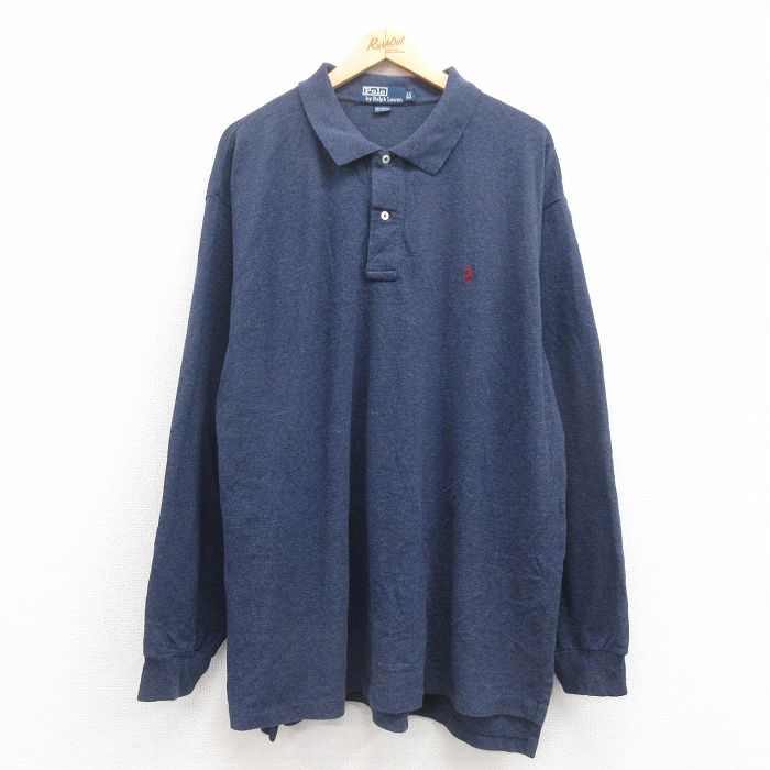 【50%OFF】XL★古着 ラルフローレン Ralph Lauren 長袖 ブランド ポロ シャツ メンズ 90年代 90s ワンポイントロゴ 鹿の子 大きいサイズ コットン 紺 ネイビー 25aug19 中古 トップス
