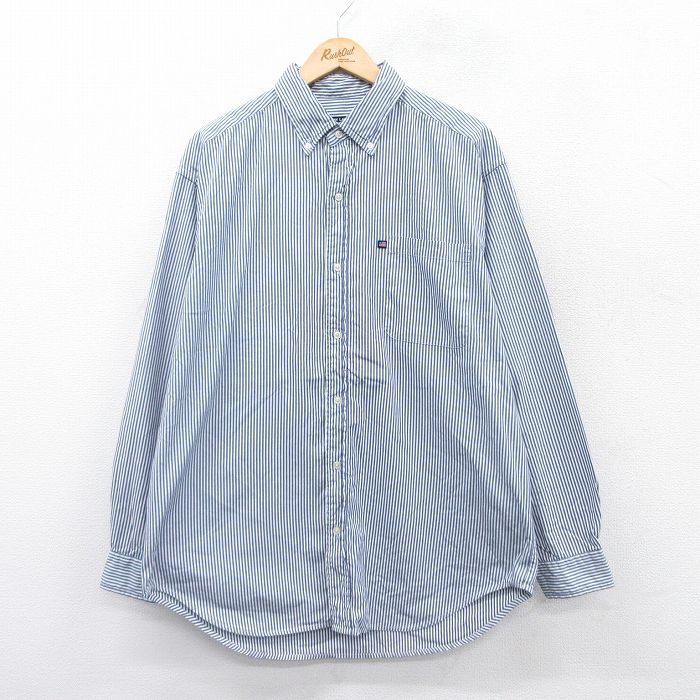【50%OFF】XL★古着 ラルフローレン Ralph Lauren ポロジーンズ 長袖 ブランド シャツ メンズ 00年代 00s 大きいサイズ ロング丈 コットン ボタンダウン 紺他 ネイビー ストライプ 25aug22 中古 トップス
