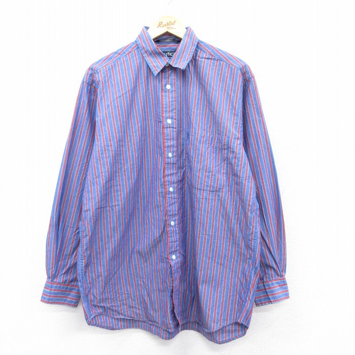 L★古着 ノーティカ NAUTICA 長袖 ブランド シャツ メンズ 90年代 90s ワンポイントロゴ ロング丈 コットン 紺他 ネイビー ストライプ 25aug22 中古 トップス