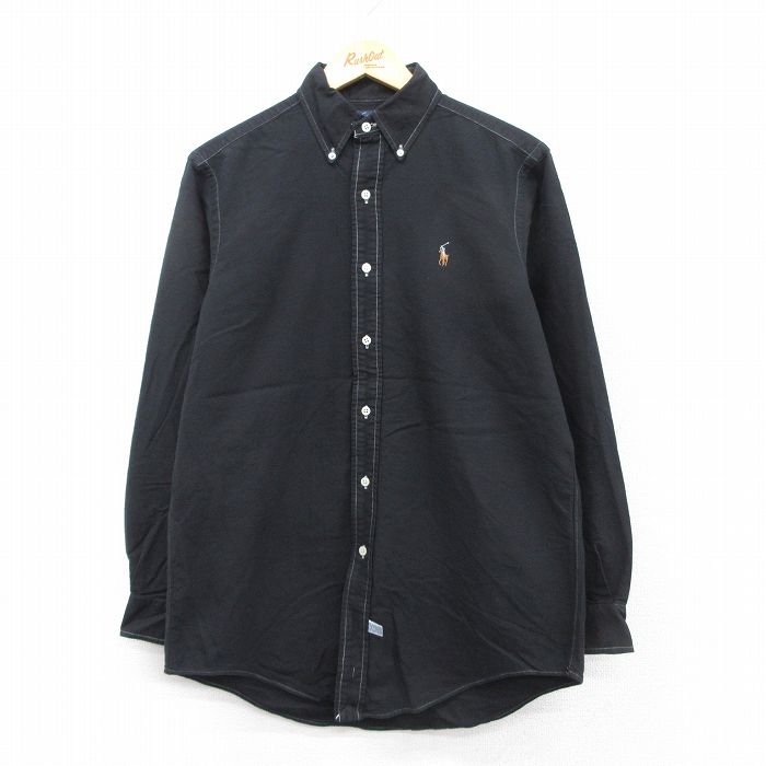 L★古着 ラルフローレン Ralph Lauren 長袖 ブランド シャツ メンズ 90年代 90s ワンポイントロゴ オックスフォード コットン ボタンダウン 黒 ブラック 【spe】 25aug22 中古 トップス
