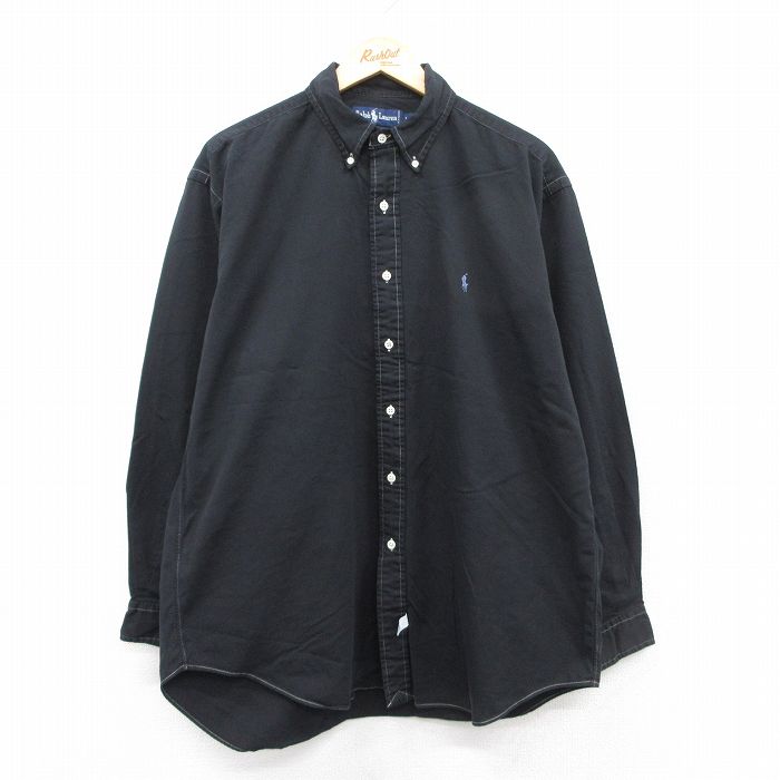 XL★古着 ラルフローレン Ralph Lauren 長袖 ブランド シャツ メンズ 90年代 90s ワンポイントロゴ ロング丈 大きいサイズ コットン ボタンダウン 黒 ブラック 【spe】 25aug22 中古 トップス