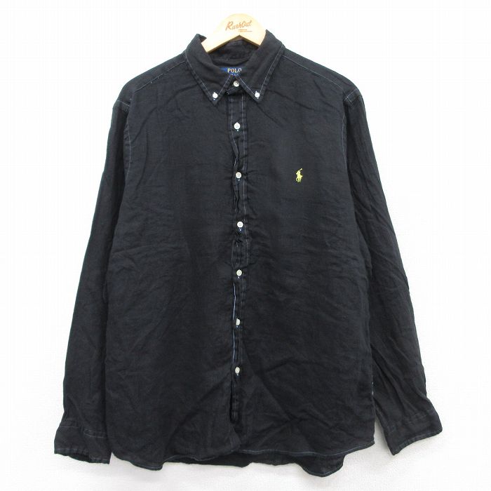 XL★古着 ラルフローレン Ralph Lauren 長袖 ブランド シャツ メンズ ワンポイントロゴ リネン ボタンダウン 黒 ブラック 25aug22 中古 トップス
