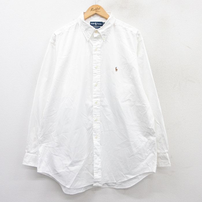 XL★古着 ラルフローレン Ralph Lauren 長袖 ブランド シャツ メンズ 90年代 90s ワンポイントロゴ オックスフォード YARMOUTH 大きいサイズ ロング丈 コットン ボタンダウン 白 ホワイト 25aug22 中古 トップス
