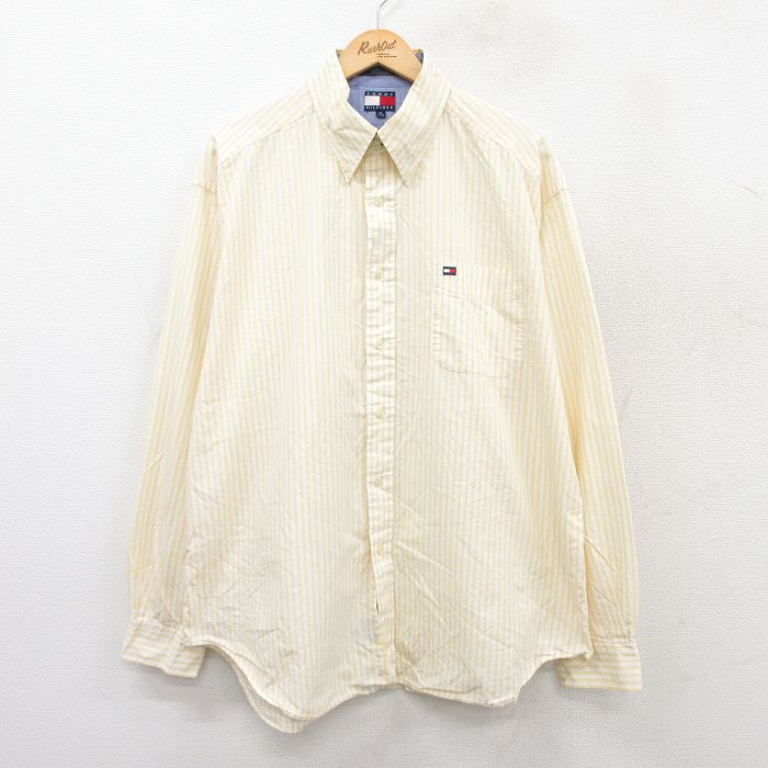 XL★古着 トミーヒルフィガー TOMMY HILFIGER 長袖 ブランド シャツ メンズ 90年代 90s ワンポイントロゴ 大きいサイズ ロング丈 コットン ボタンダウン 黄他 イエロー ストライプ 25aug22 中古 トップス