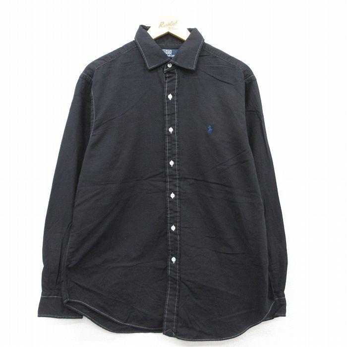【20%OFF】XL★古着 ラルフローレン Ralph Lauren 長袖 ブランド シャツ メンズ 90年代 90s ワンポイントロゴ PHILIP コットン ボタンダウン 黒 ブラック 25aug22 中古 トップス