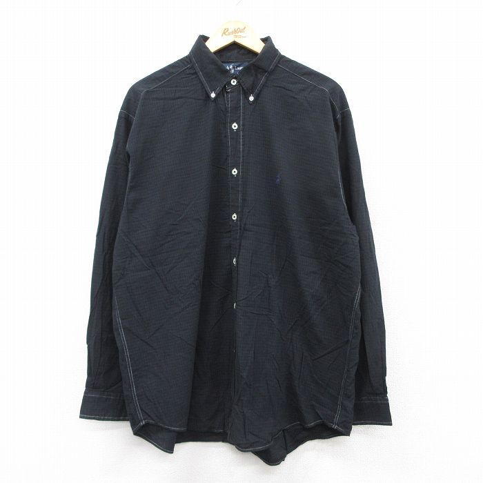 【50%OFF】XL★古着 ラルフローレン Ralph Lauren 長袖 ブランド シャツ メンズ 90年代 90s ワンポイントロゴ BLAIRE ロング丈 コットン ボタンダウン 黒 ブラック チェック 25aug22 中古 トップス