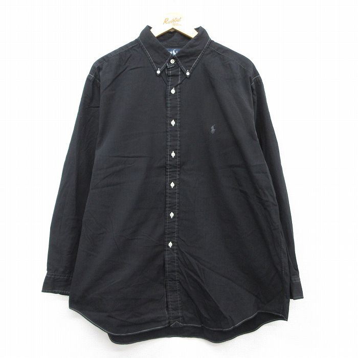 XL★古着 ラルフローレン Ralph Lauren 長袖 ブランド シャツ メンズ 90年代 90s ワンポイントロゴ YARMOUTH オックスフォード 大きいサイズ ロング丈 コットン ボタンダウン 黒 ブラック 25aug22 中古 トップス