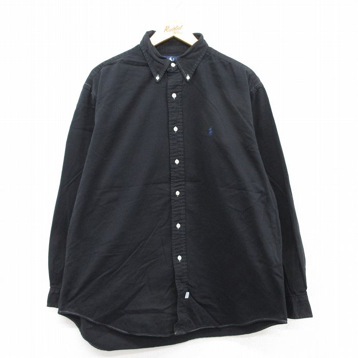 【20%OFF】XL★古着 ラルフローレン Ralph Lauren 長袖 ブランド シャツ メンズ 90年代 90s ワンポイントロゴ 大きいサイズ ロング丈 コットン ボタンダウン 黒 ブラック 【spe】 25aug22 中古 トップス